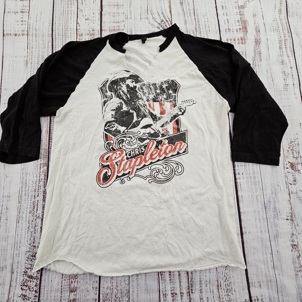 Chris Stapleton White 3/4 Sleeve Raw Cut V-Neck Cotton T-Shirt Adult L